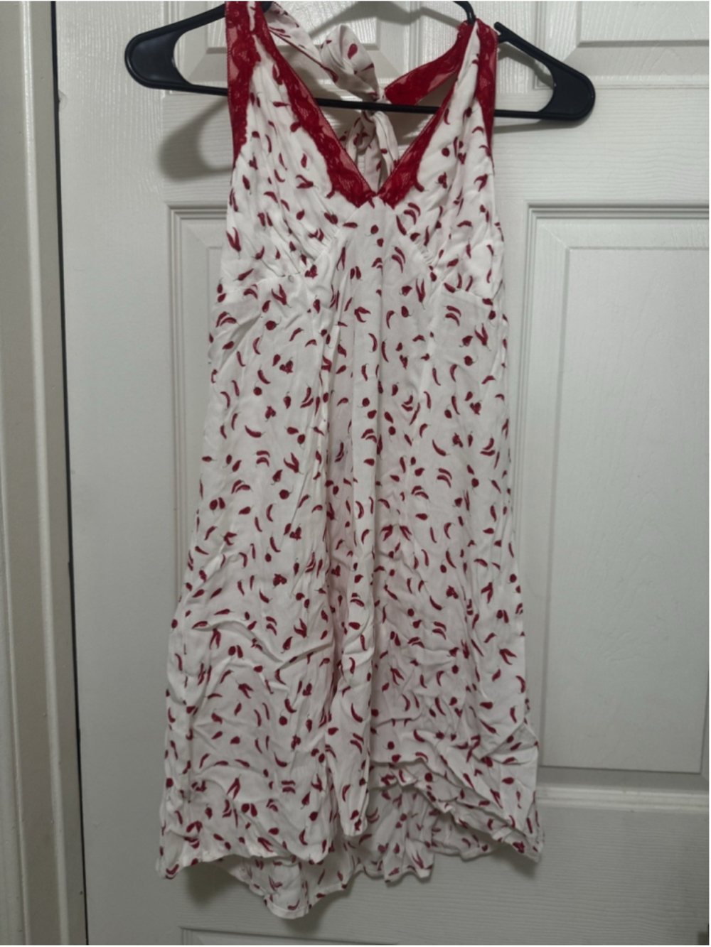 Chili Pepper Print Lace-Trim Mini Dress - Medium